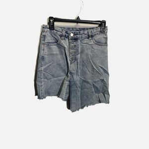 Elephant Women Blue Denim Asymmetrical Raw Hem Mini Skirt‎ Button Fly Size L